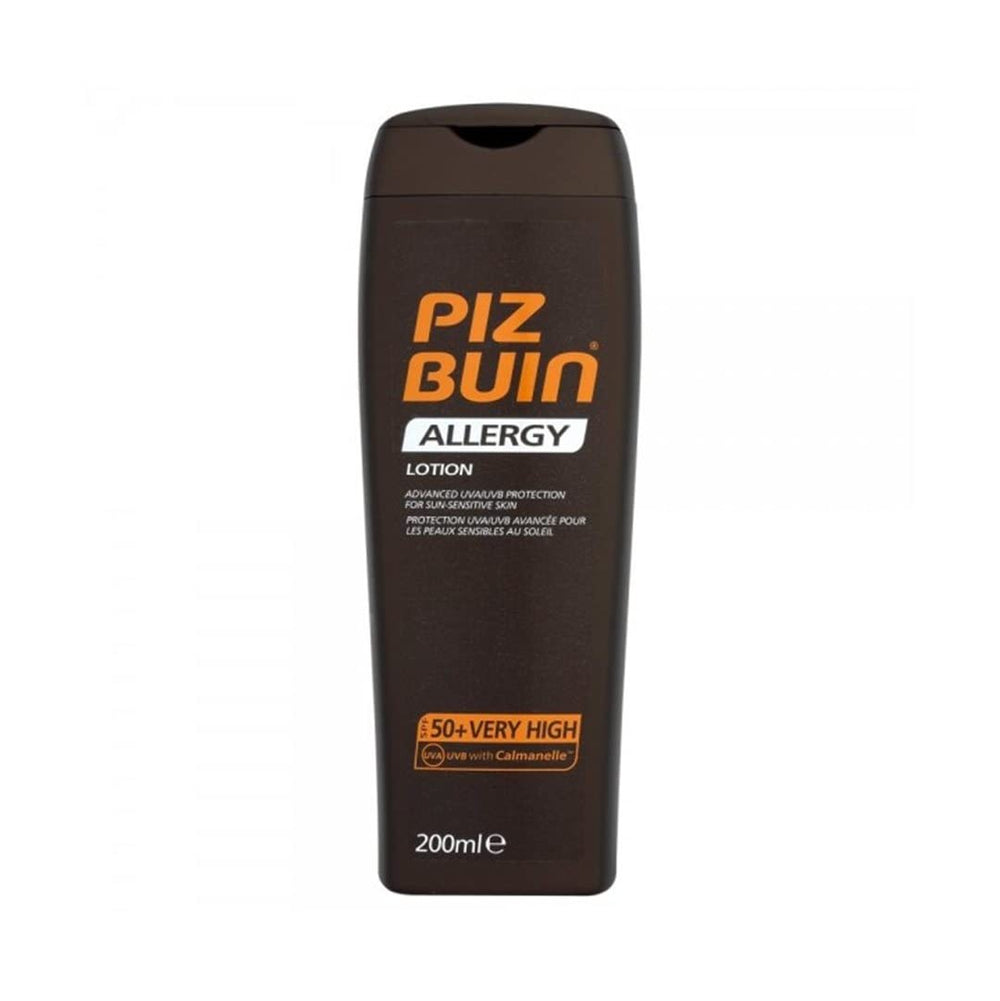 Piz Buin Allergy Lotion SPF50+ closeup on label, emphasizing broad SPF.