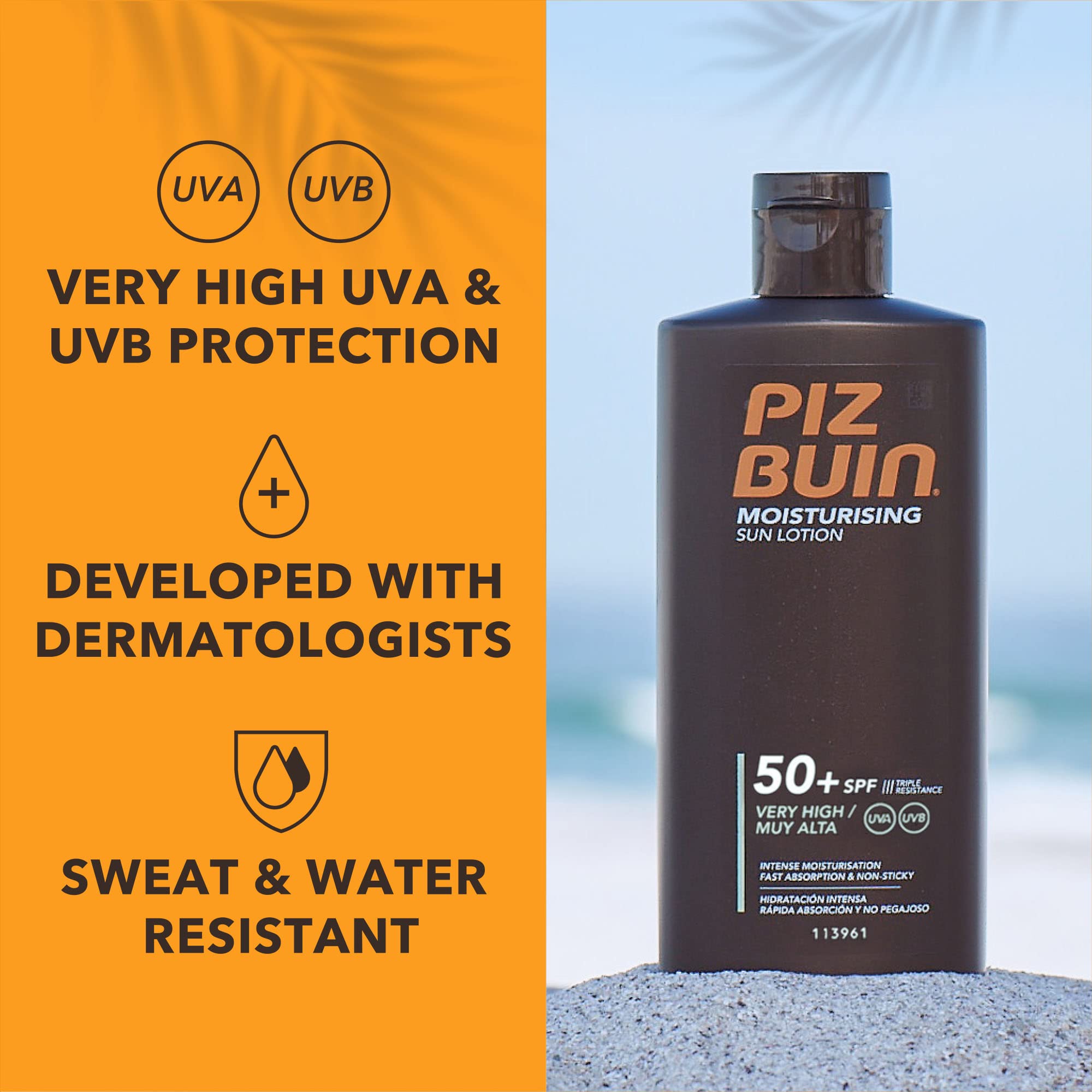 Piz Buin Moisturising Sun Lotion quickly absorbs into the skin after application.