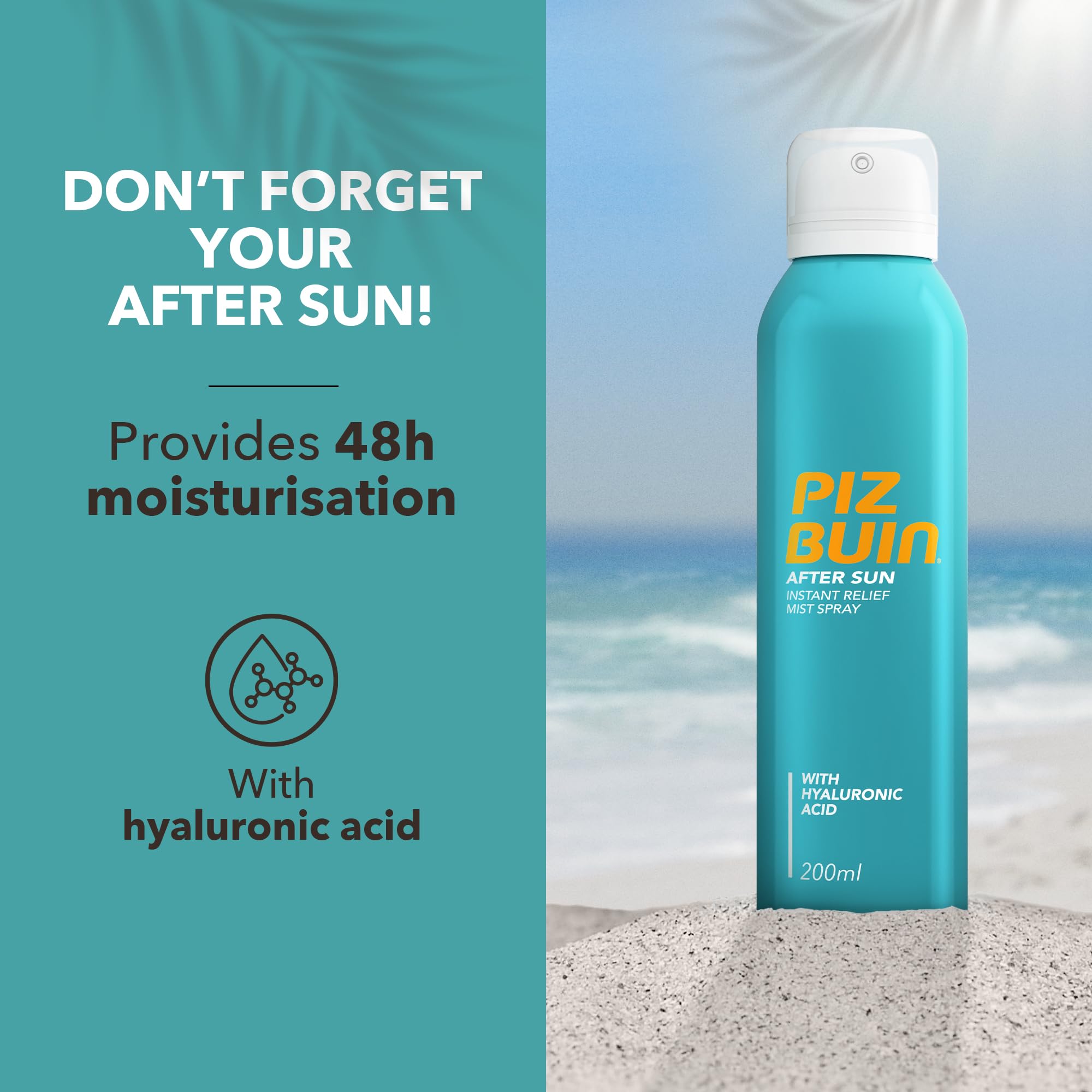 Piz Buin bottle near water highlighting sweat resistance during activity.