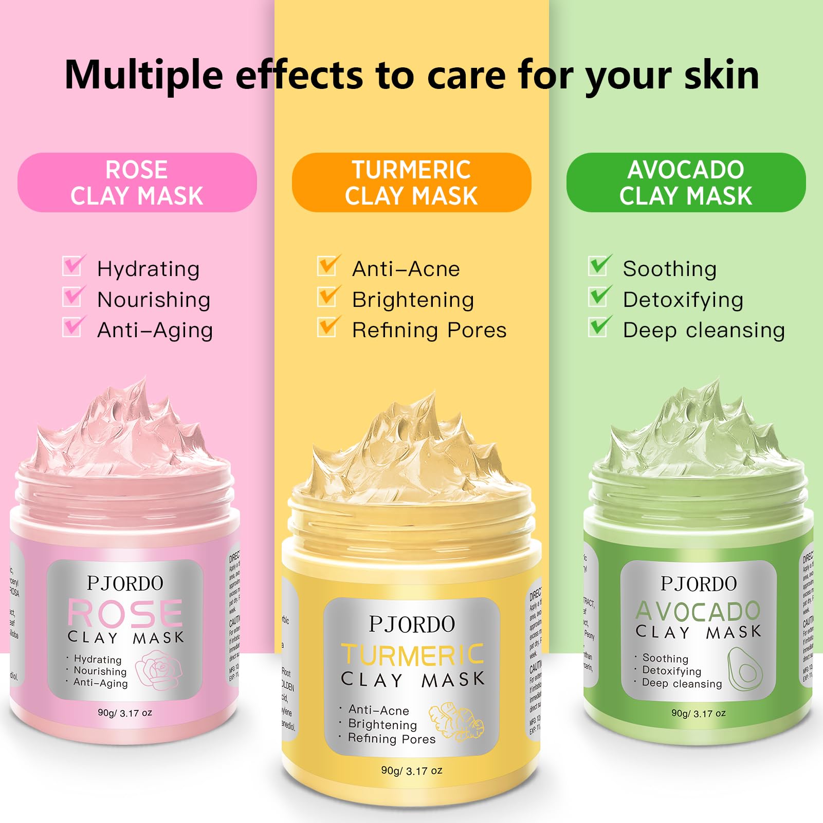 Pjordo avocado green tea clay mask jar highlighting deep cleansing and pore refining benefits.