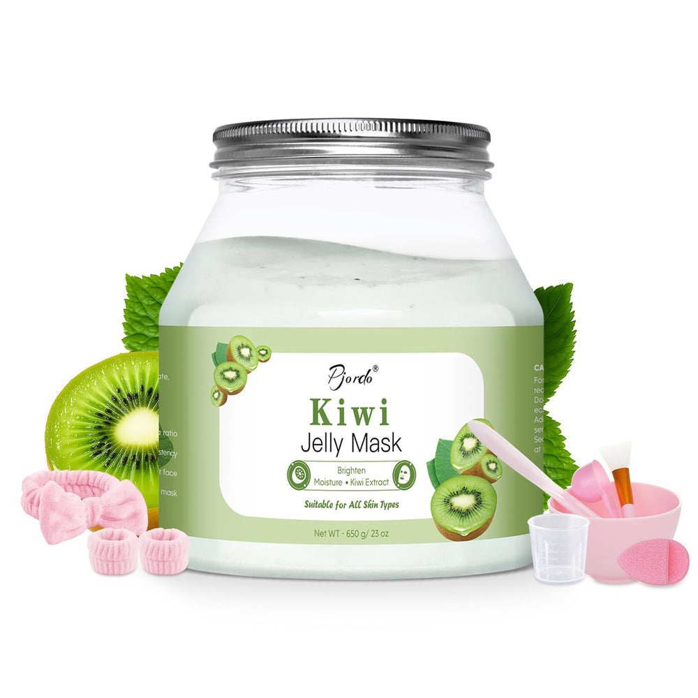 Pjordo Powder Jelly Mask packaging highlights premium at-home spa experience with kiwi-infused hydration.
