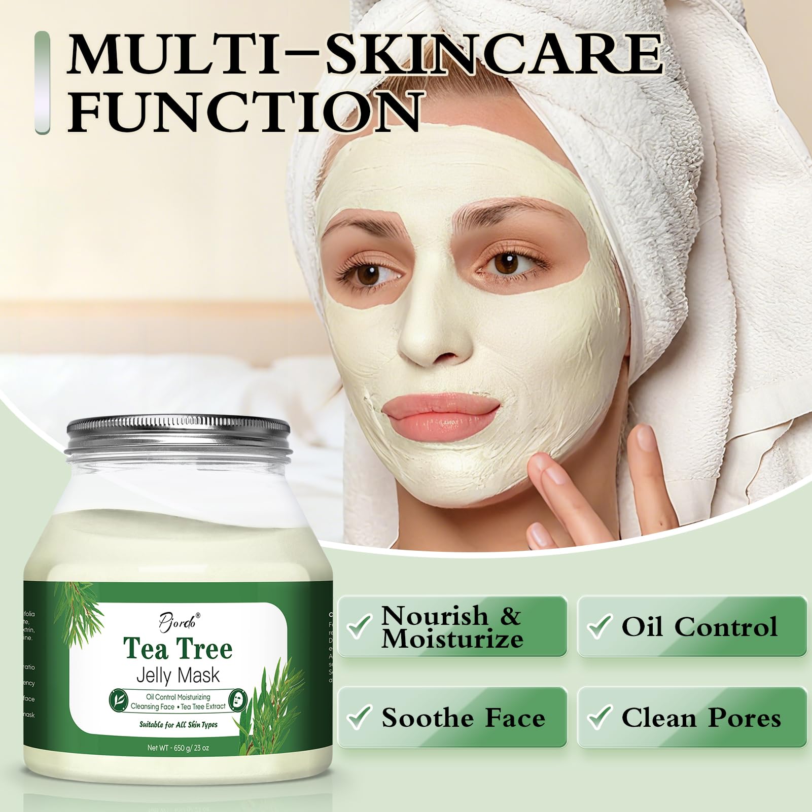 Pjordo Tea Tree infused mask bottle highlights natural skincare ingredients.