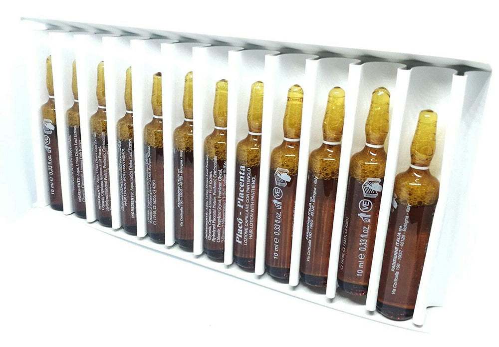 Packaged Placenta Placo bottle-ampoules ready to support hair vitality.