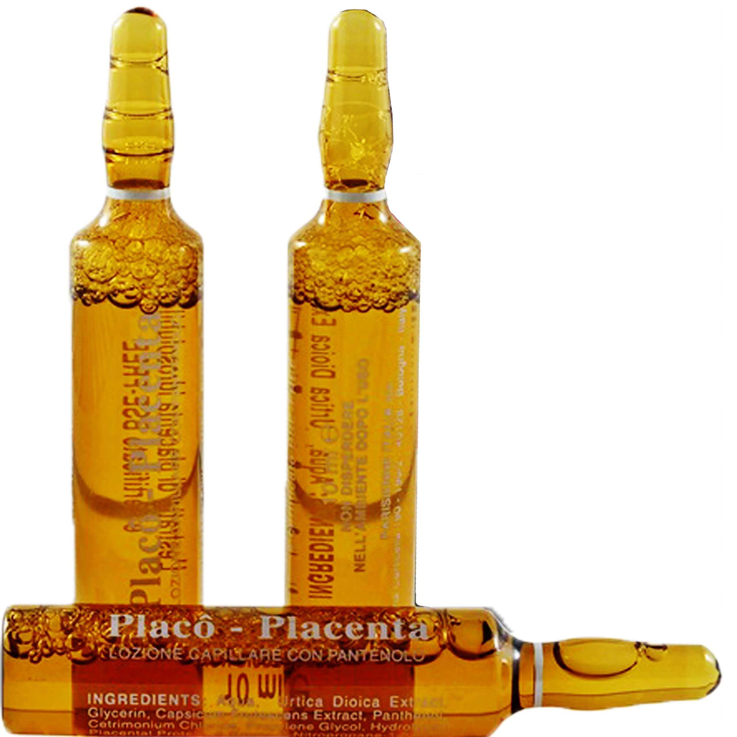 Placenta Placo ampoules arranged for at-home hair-strengthening routine.