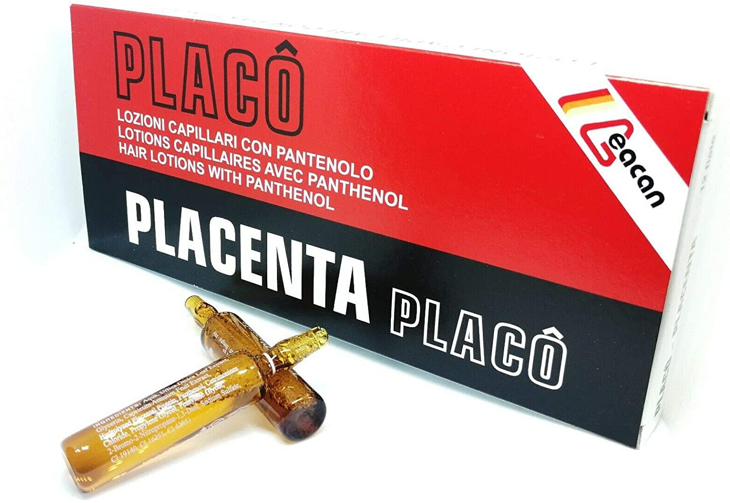 Photo of Placenta Placo vials highlighting panthenol and natural actives.