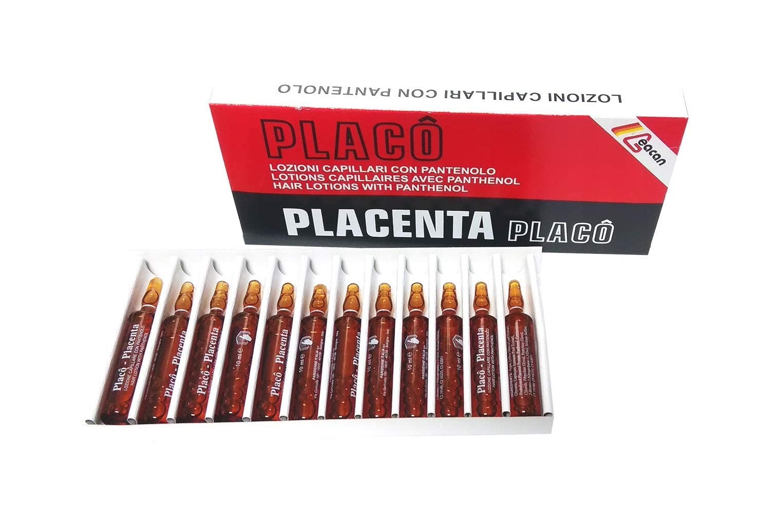Placenta Placo packaging and ampoules shown for fragile hair care.