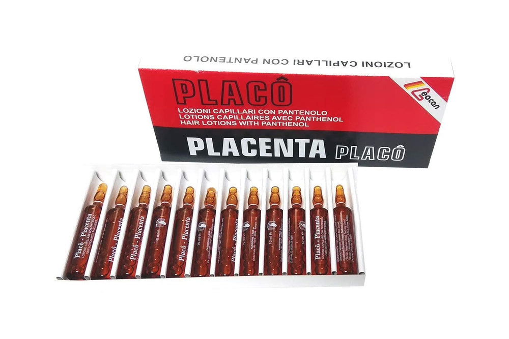 Placenta Placo packaging and ampoules shown for fragile hair care.