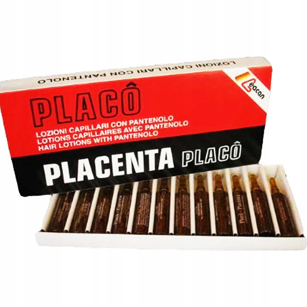 Placenta Placo ampoules depicted for easy scalp absorption and shine.