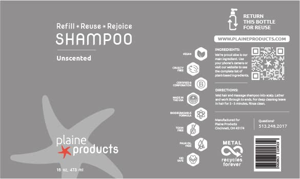 Plaine Products refill bottle with pump showing sustainable, sulfate-free cleansing.