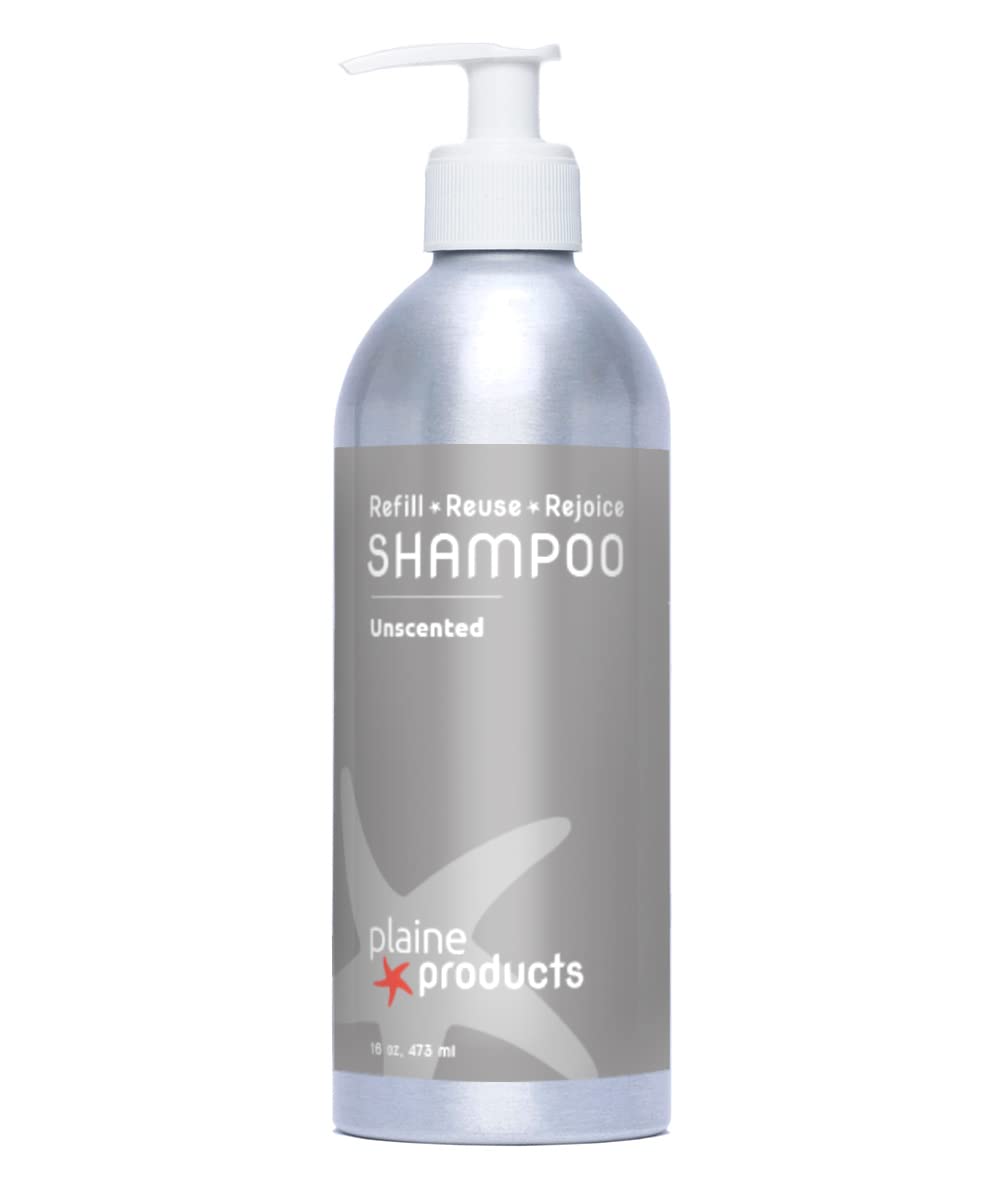 Plaine Products unscented shampoo bottle with pump for easy, refillable hair care.
