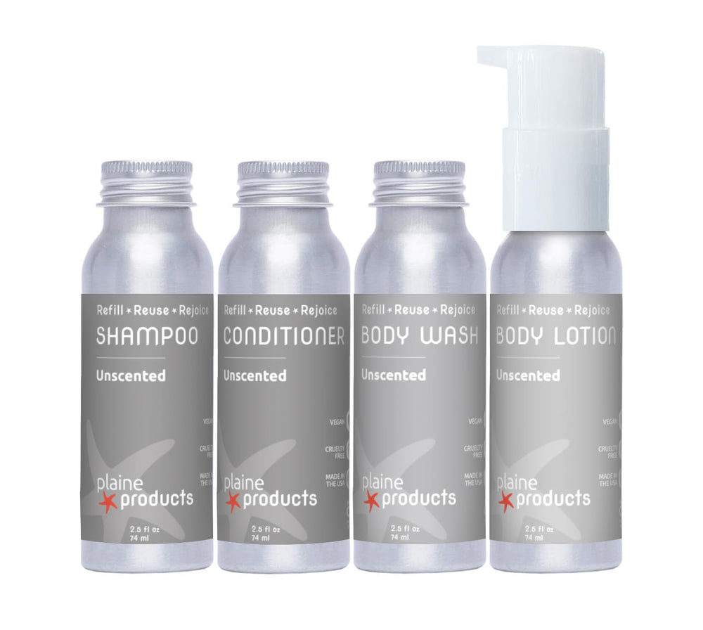 Plaine Products travel-size body lotion bottle, refillable, nourishes skin on the go.