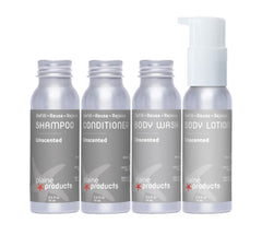 Plaine Products travel-size body lotion bottle, refillable, nourishes skin on the go.