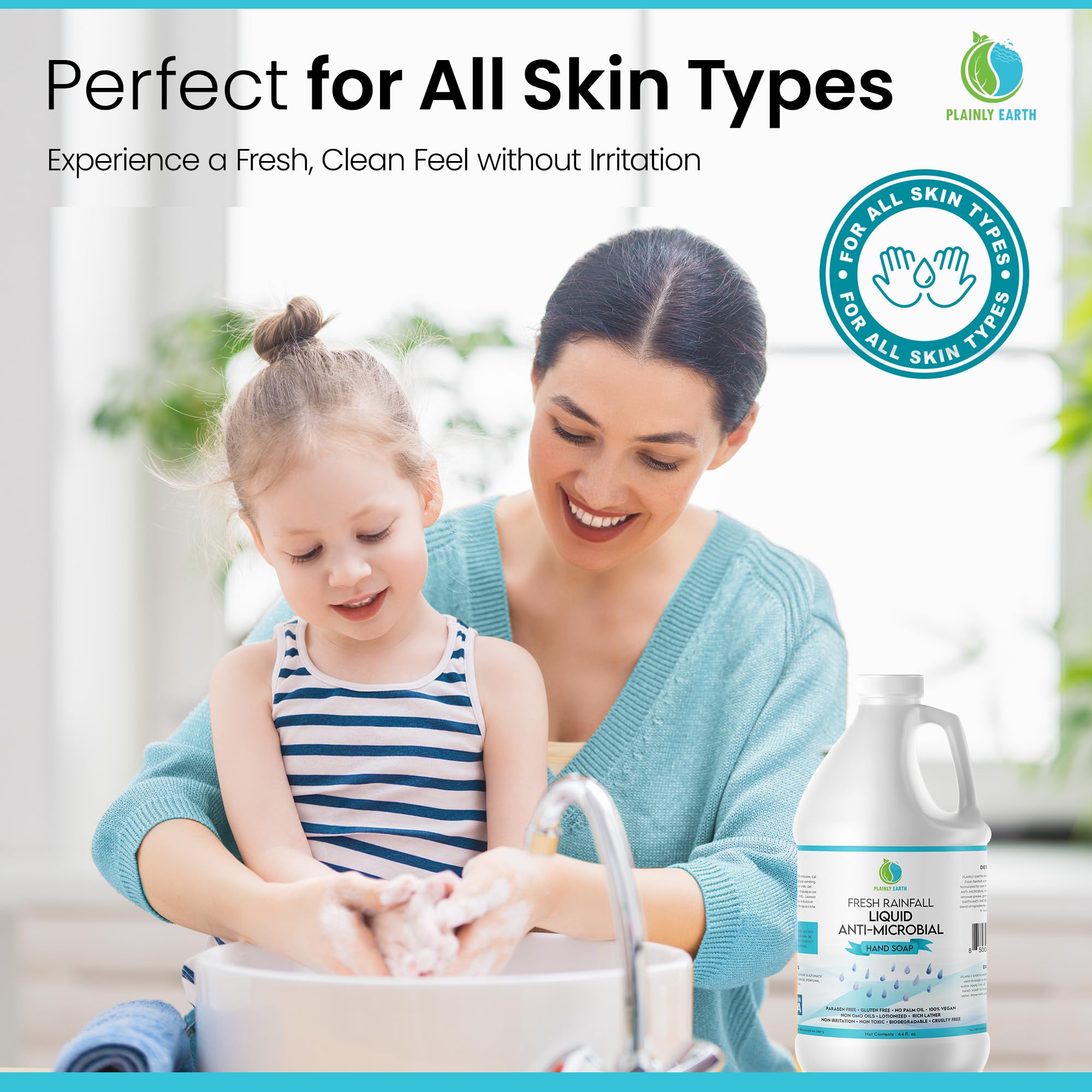 Kitchen and bathroom use with Plainly Earth antimicrobial hand soap