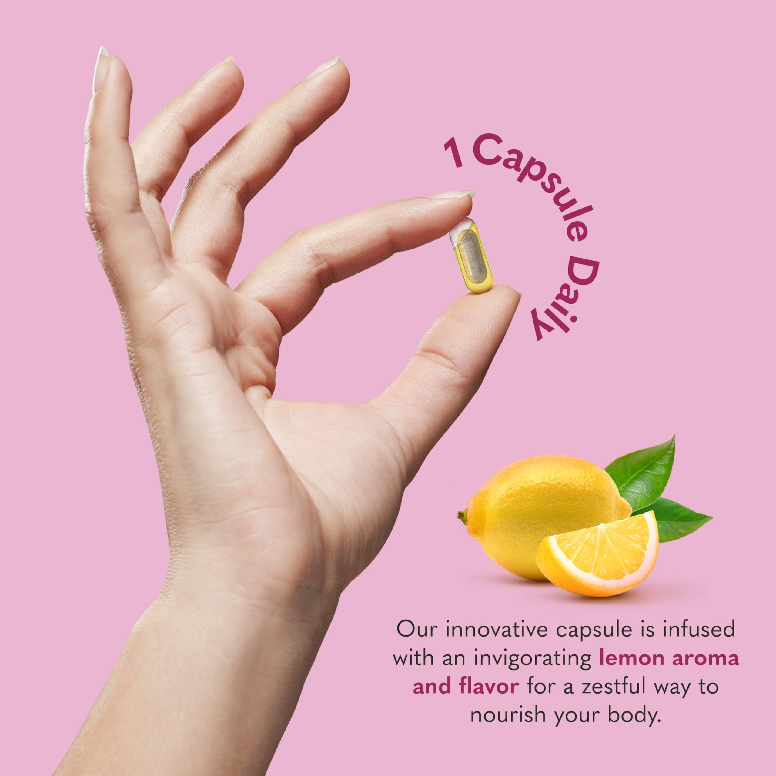 Plant-based capsules shown in a clean bottle label