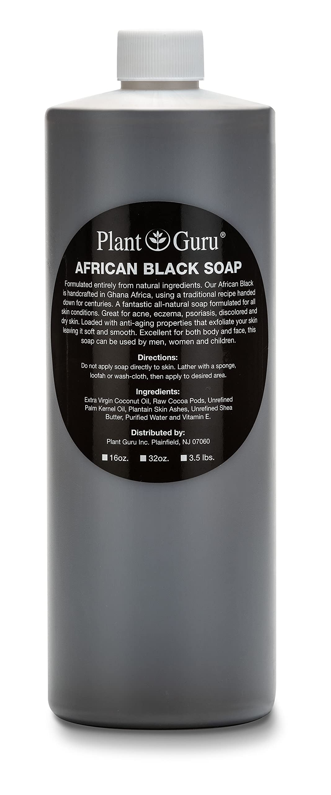 Plant Guru African Black Soap Liquid bottle for versatile face and body cleansing.