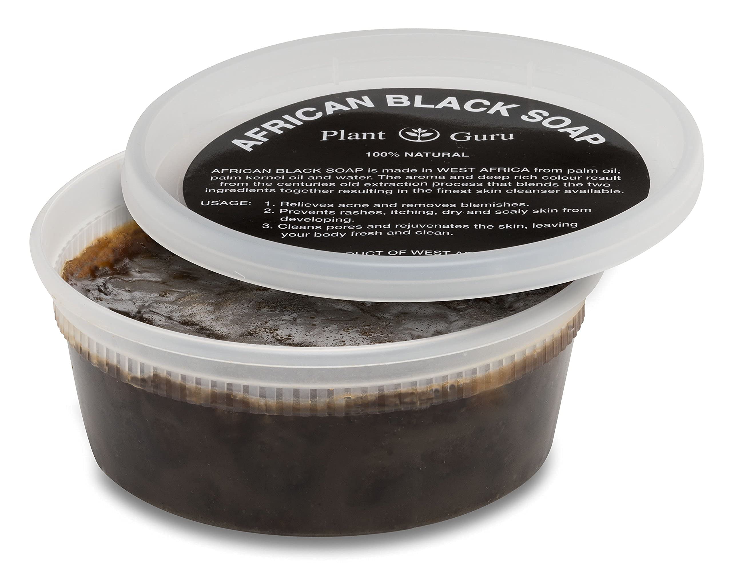 Close-up of Plant Guru African Black Soap Paste bar showing traditional texture.