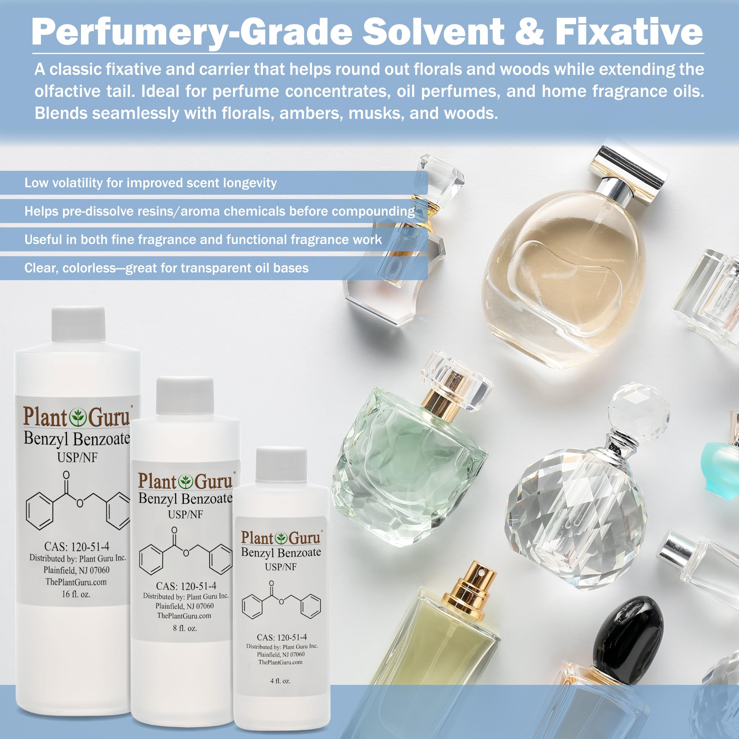 Plant Guru hair care bottle featuring benzyl benzoate for scalp treatment formulations.