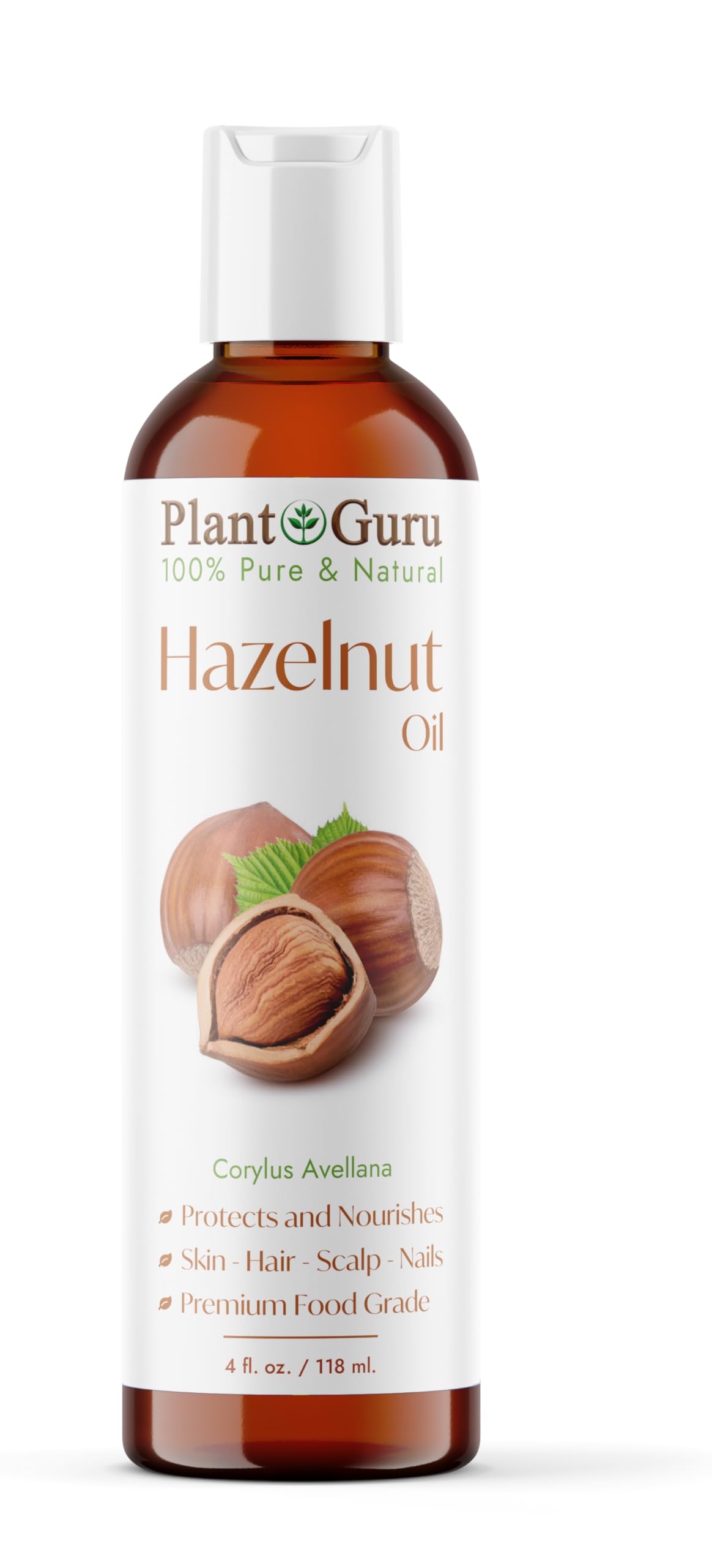 Plant Guru Hazelnut Oil 4 oz bottle, pure and natural for skin hydration.