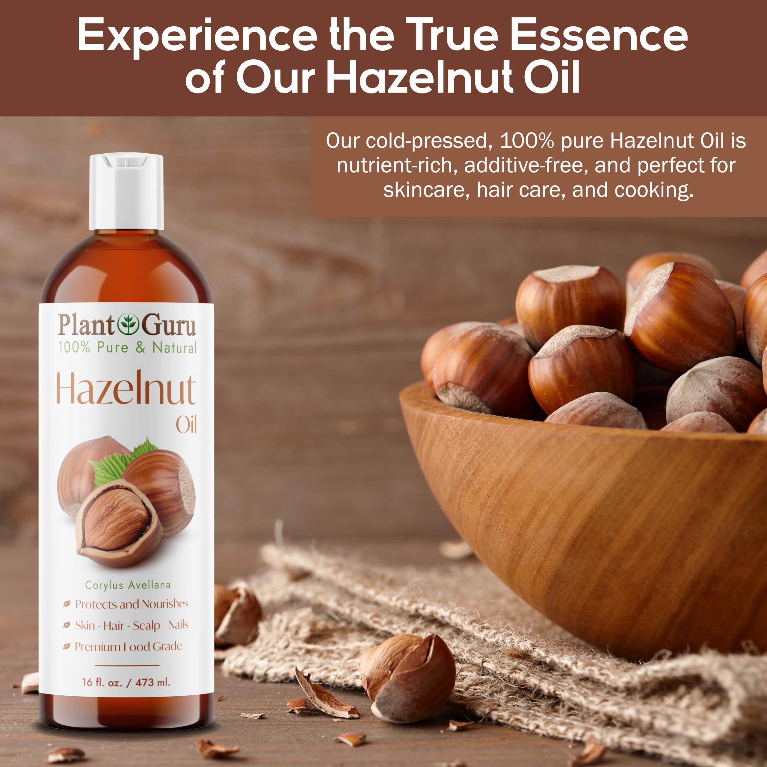 Plant Guru Hazelnut Oil close-up, rich texture ideal for DIY lotions.