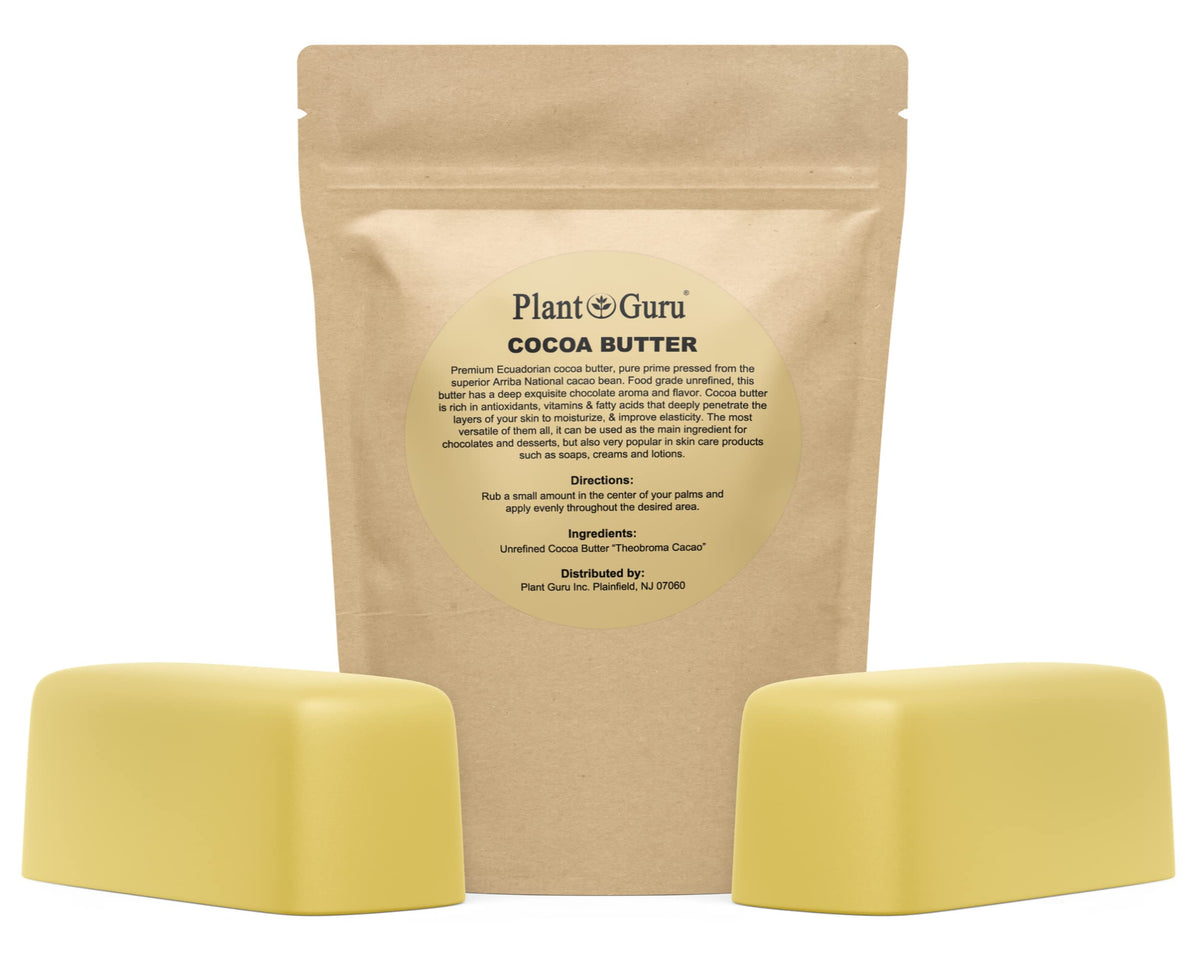 Plant Guru Raw Cocoa Butter bar front label showing pure, premium quality.