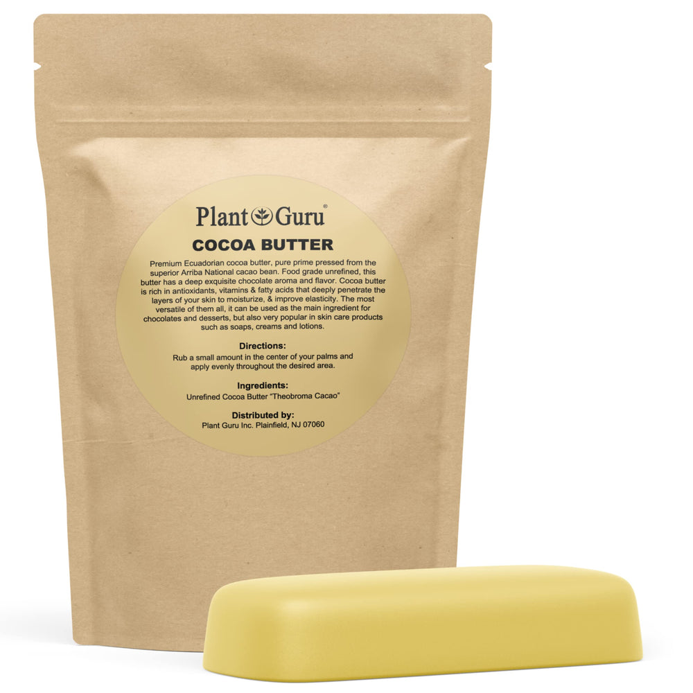 Plant Guru raw cocoa butter bar packaging shows premium unrefined fat for DIY skincare