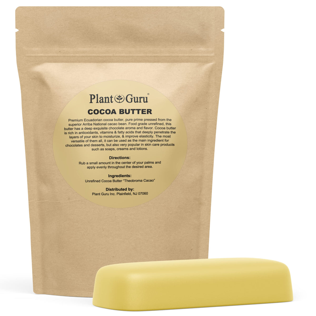 Plant Guru raw cocoa butter bar packaging shows premium unrefined fat for DIY skincare