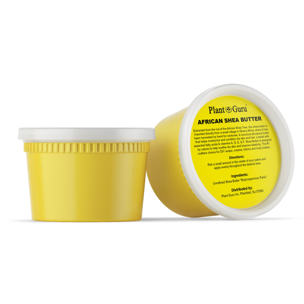 Close-up texture of Plant Guru Shea Butter showing creamy yellow consistency for moisture.