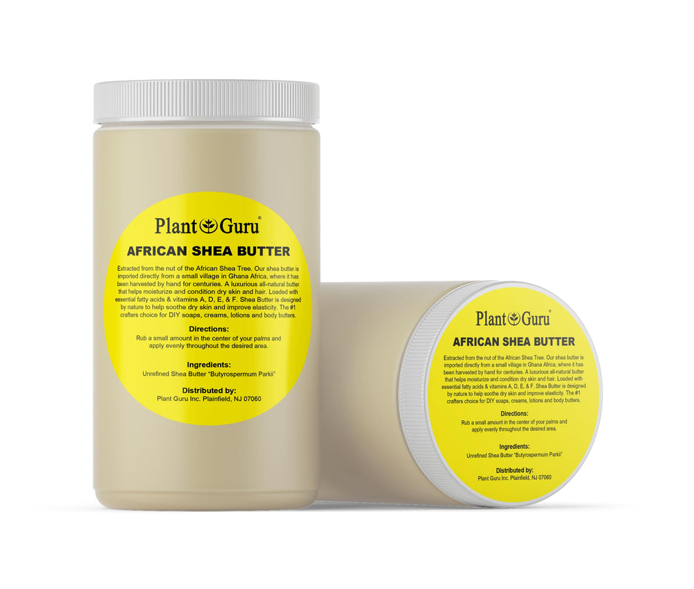 Creamy texture close-up of Plant Guru shea butter for skin and hair care.