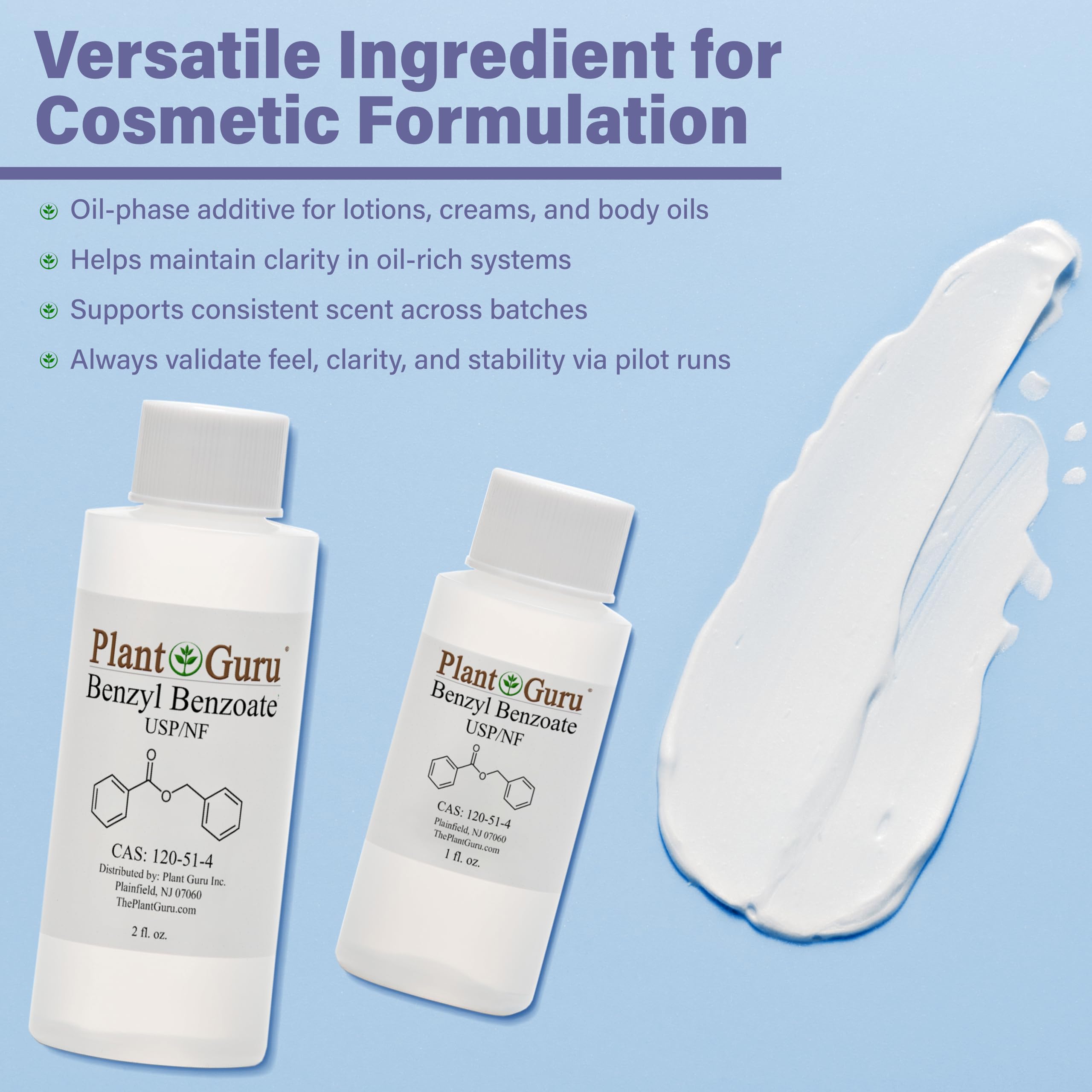Plant Guru skincare bottle showing benzyl benzoate as a fragrance component.
