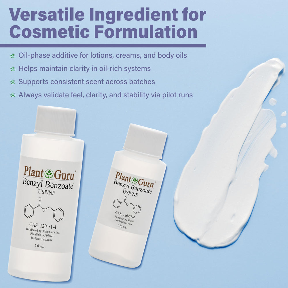 Plant Guru skincare bottle showing benzyl benzoate as a fragrance component.