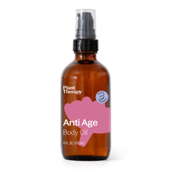 Plant Therapy Anti Age Body Oil bottle illustrating hydrating formula for supple, radiant skin.