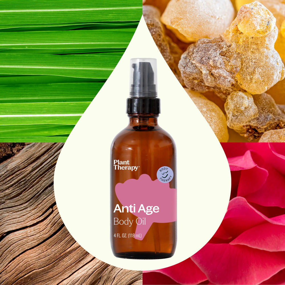 Plant Therapy Anti Age Body Oil ingredients reveal frankincense, sandalwood, and rose benefits.