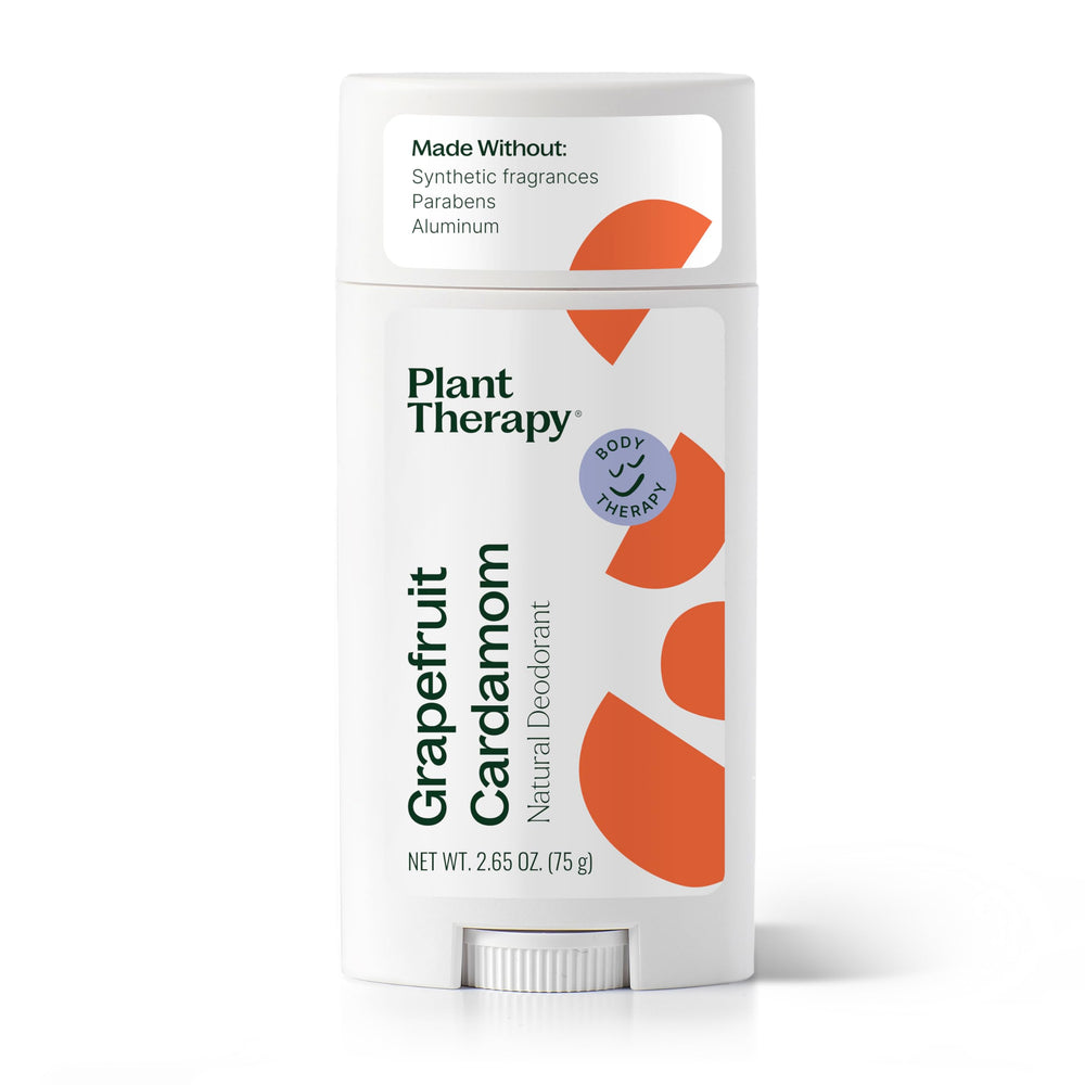 Plant Therapy Grapefruit Cardamom deodorant stick offers long-lasting freshness.