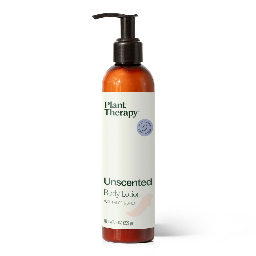 Plant Therapy Unscented Body Lotion aloe-shea 8oz bottle for daily hydration.
