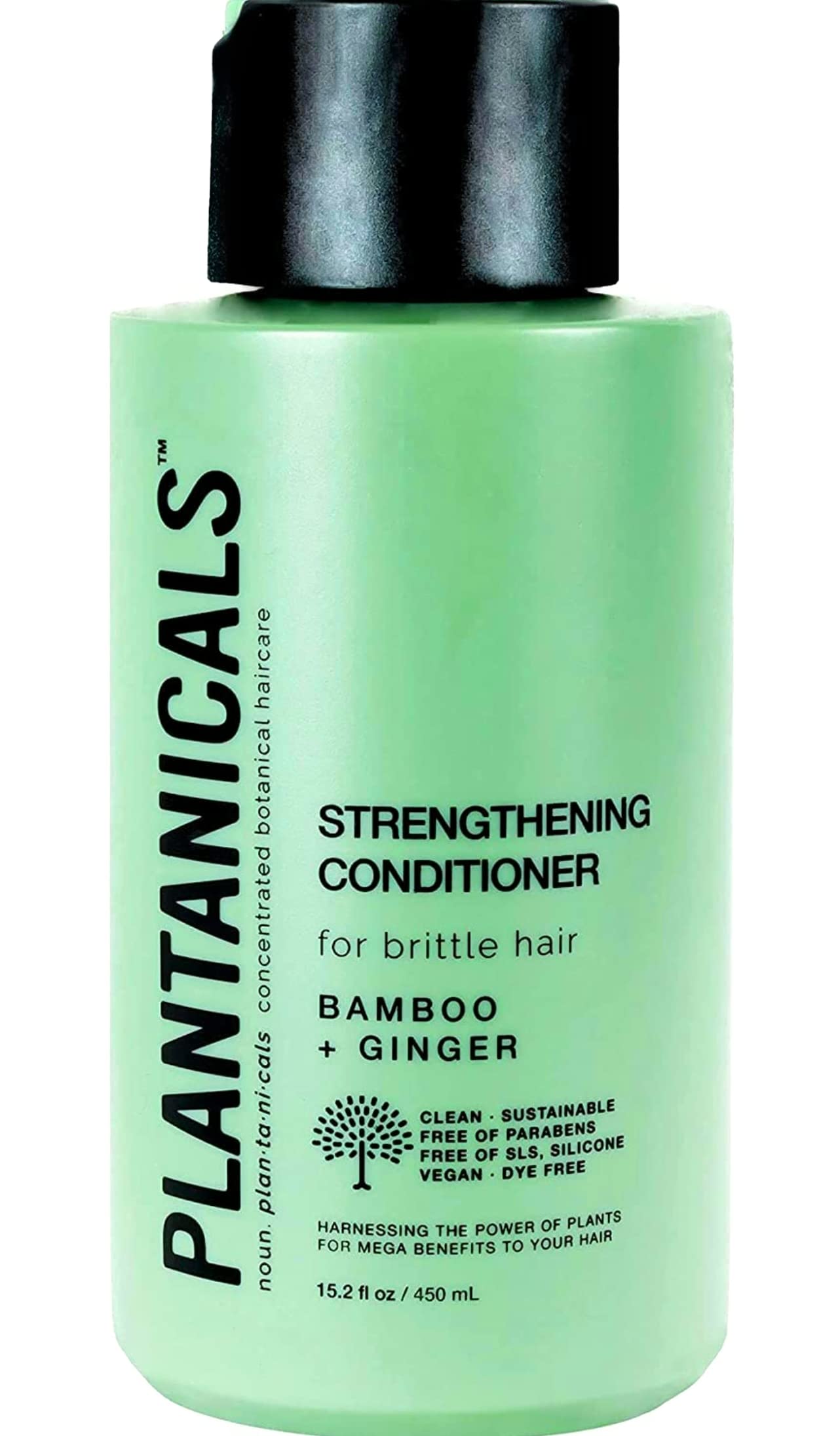 Plantanicals hair-strengthening conditioner bottle with bamboo and ginger for revitalized, manageable strands.