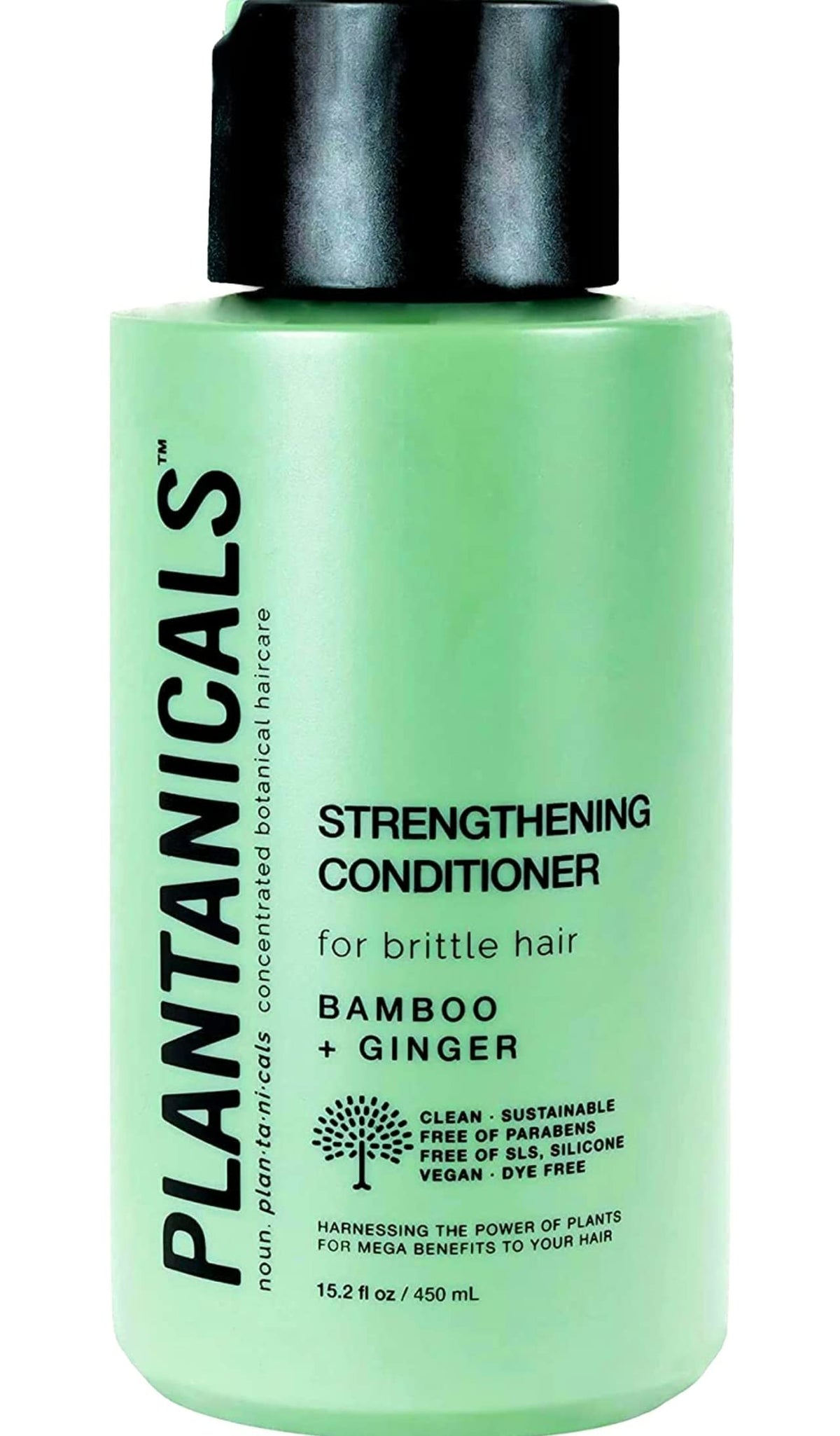 Plantanicals hair-strengthening conditioner bottle with bamboo and ginger for revitalized, manageable strands.