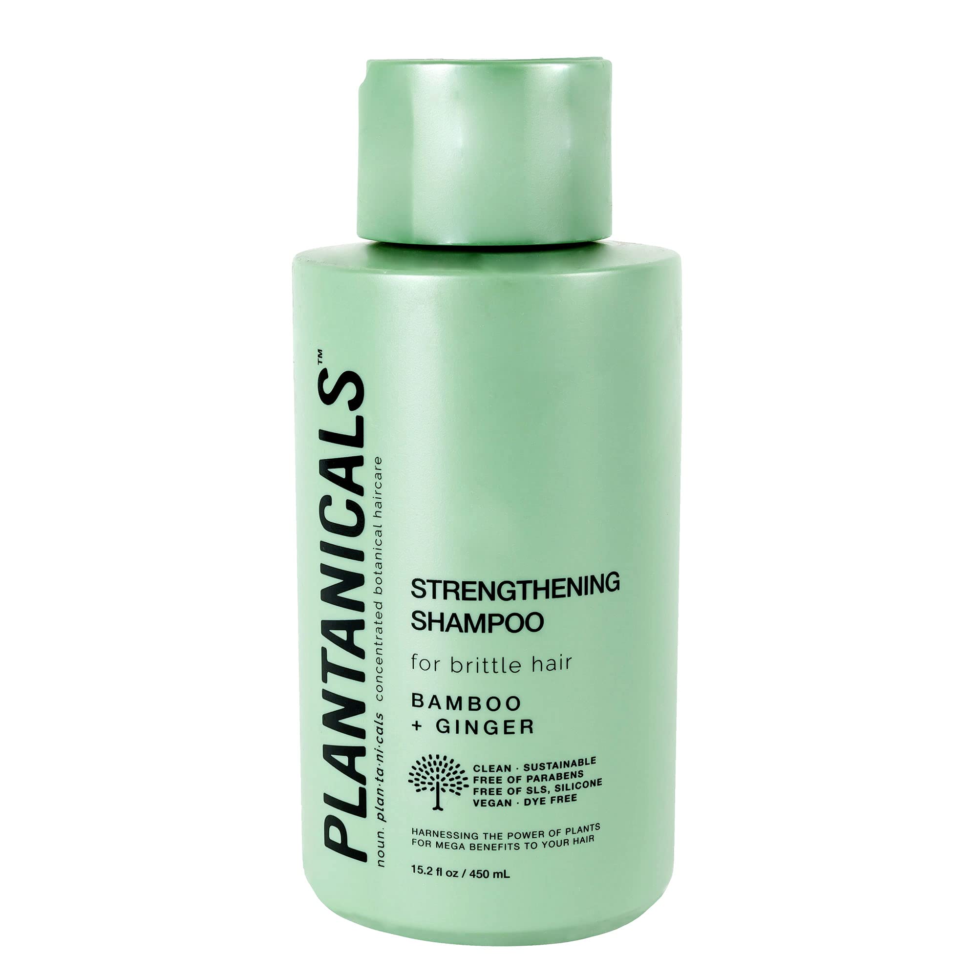 Plantanicals Hair Strengthening Shampoo bottle featuring bamboo and ginger improves vitality and manageability.