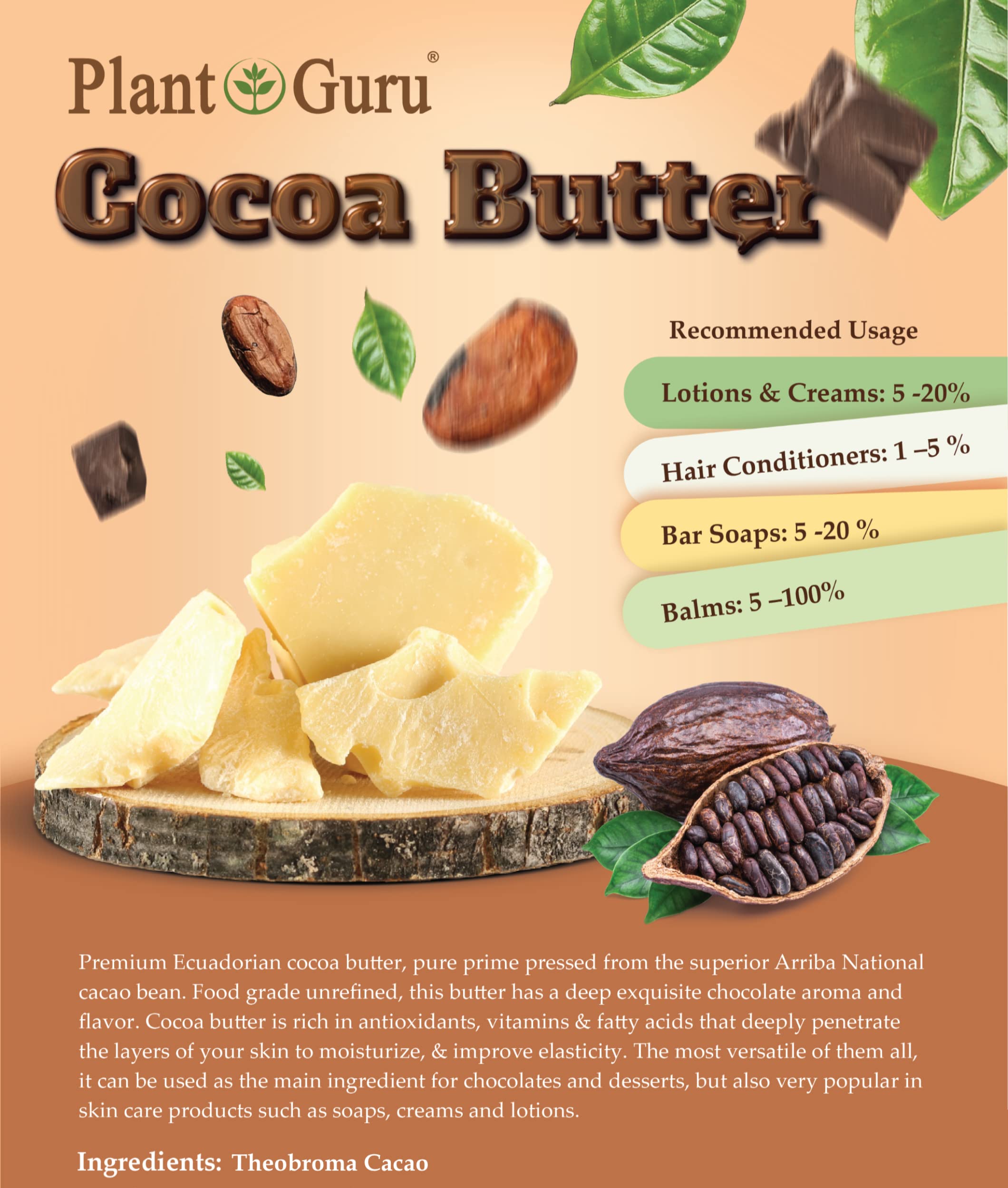 Plant Guru cocoa butter packaging, pure unrefined product for skincare routines.