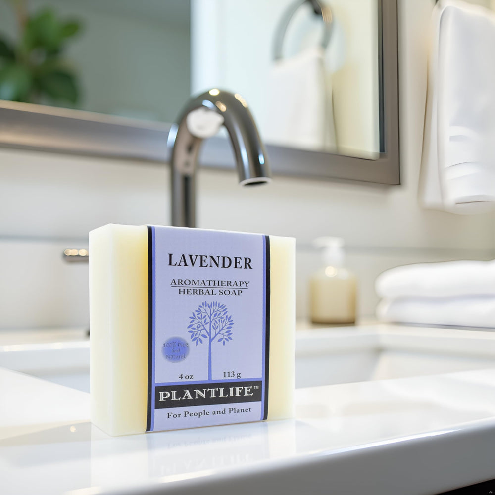 Plantlife Lavender 6-pack Bar Soap hand-cut bar on display for daily soothing shower.