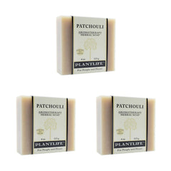 Plantlife Patchouli 3-Pack Bar Soap close-up showing earthy aroma and rich lather.
