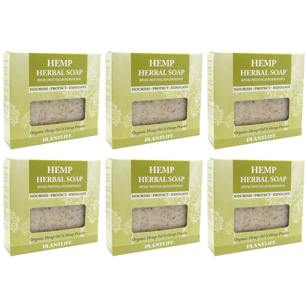 Plantlife vegan hemp 6-pack soap bar front view highlighting gentle exfoliation and moisture.