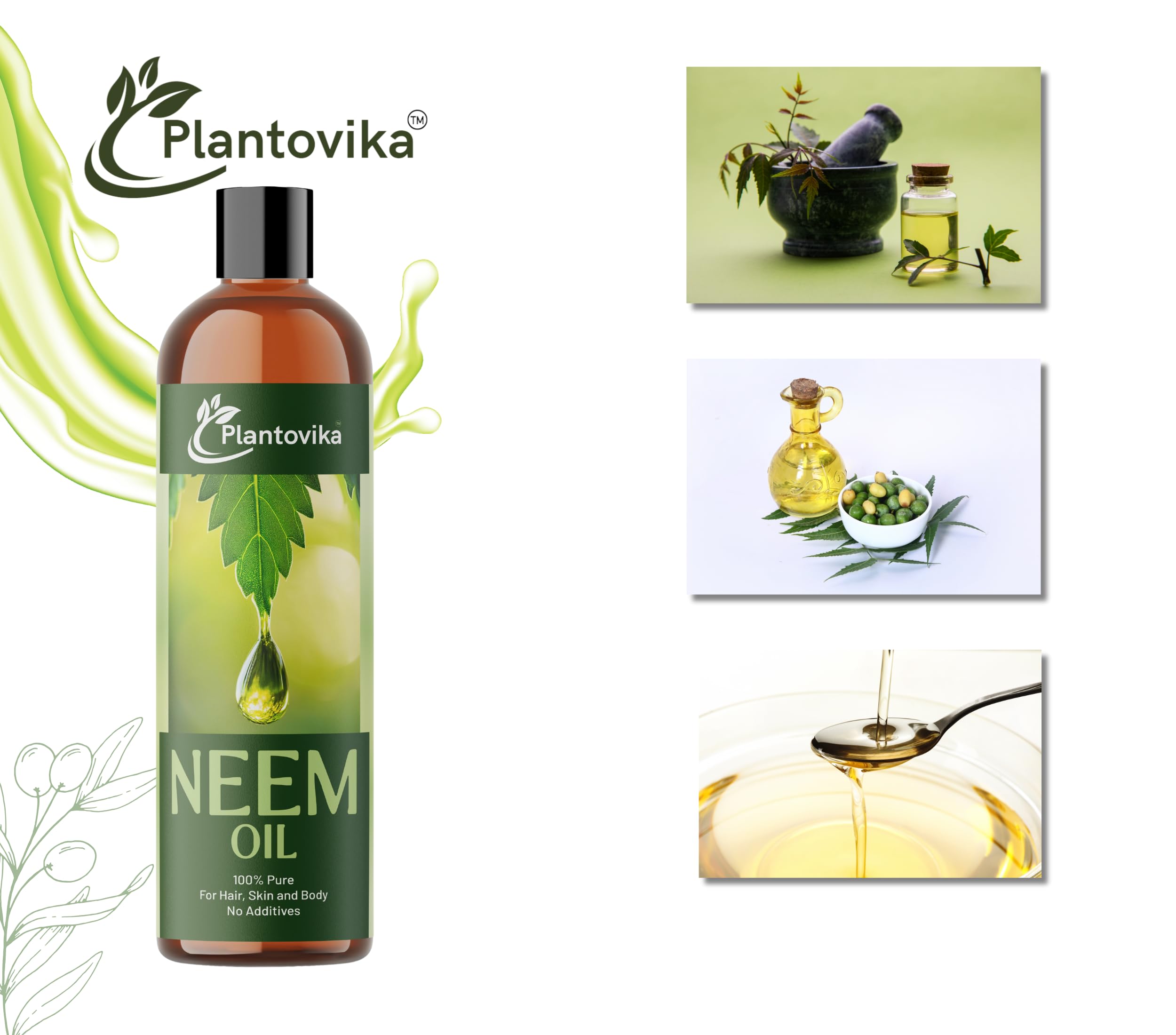 Plantovika Neem Oil bottle shown with garden plants for safe usage.
