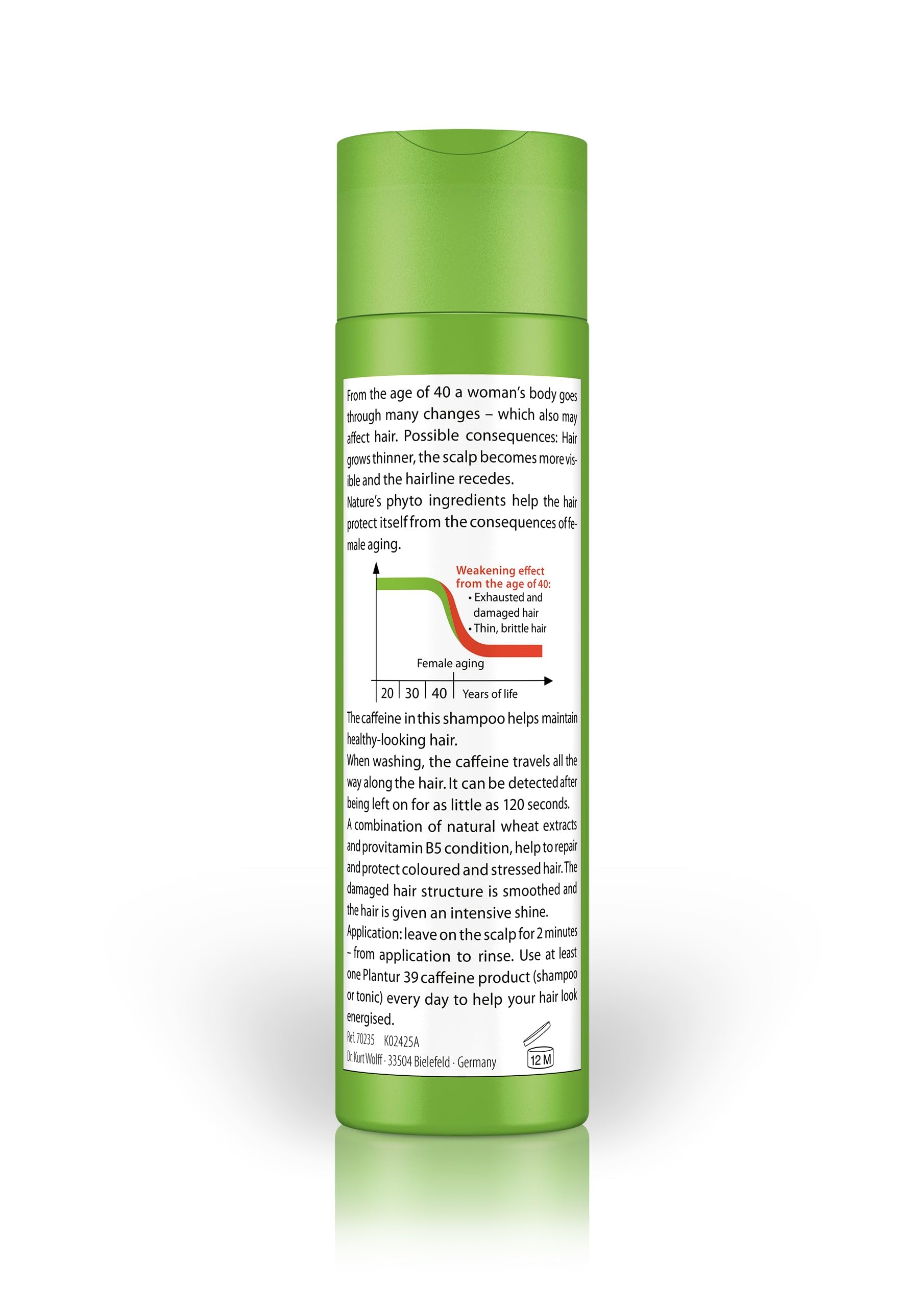 Plantur 39 Phyto Caffeine Shampoo bottle back with usage guidance for stressed hair