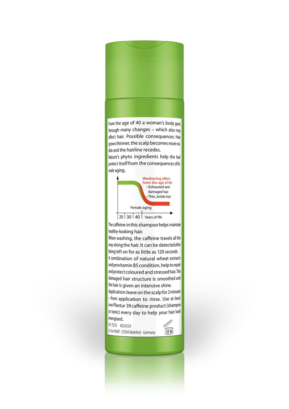 Plantur 39 Phyto Caffeine Shampoo bottle back with usage guidance for stressed hair