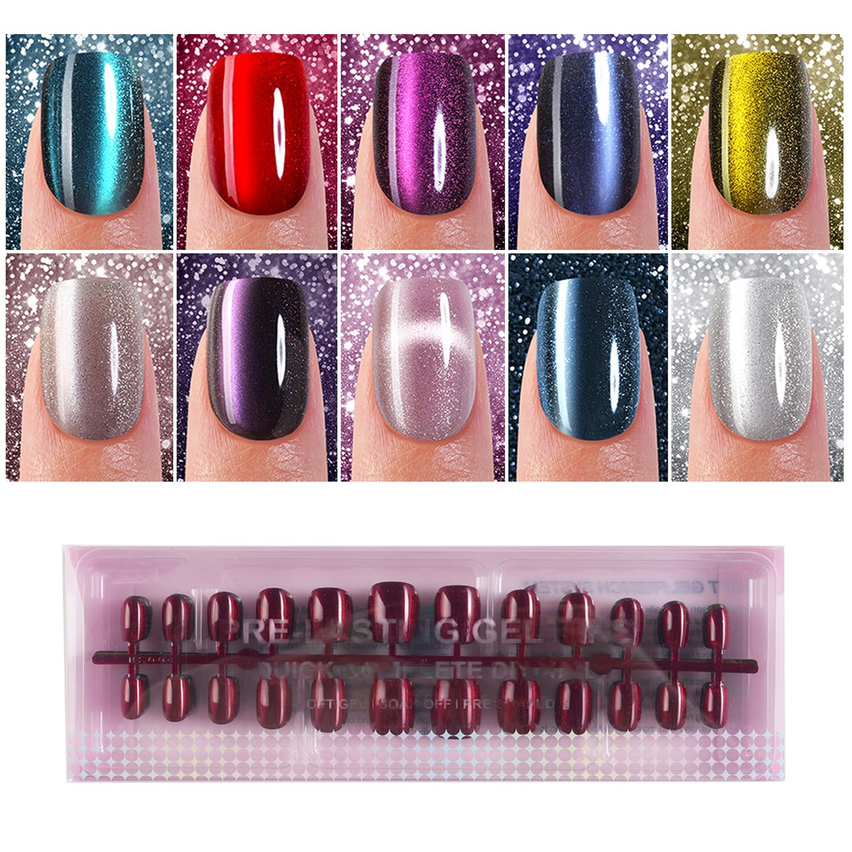 Plauva cat eye press-on nails with glossy finish for quick DIY manicure.