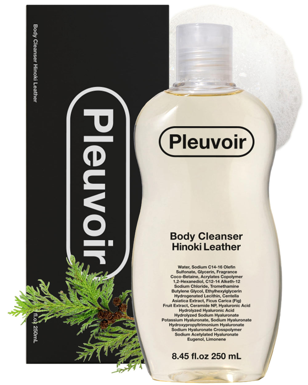 Pleuvoir Hinoki Leather body wash bottle for premium daily cleansing