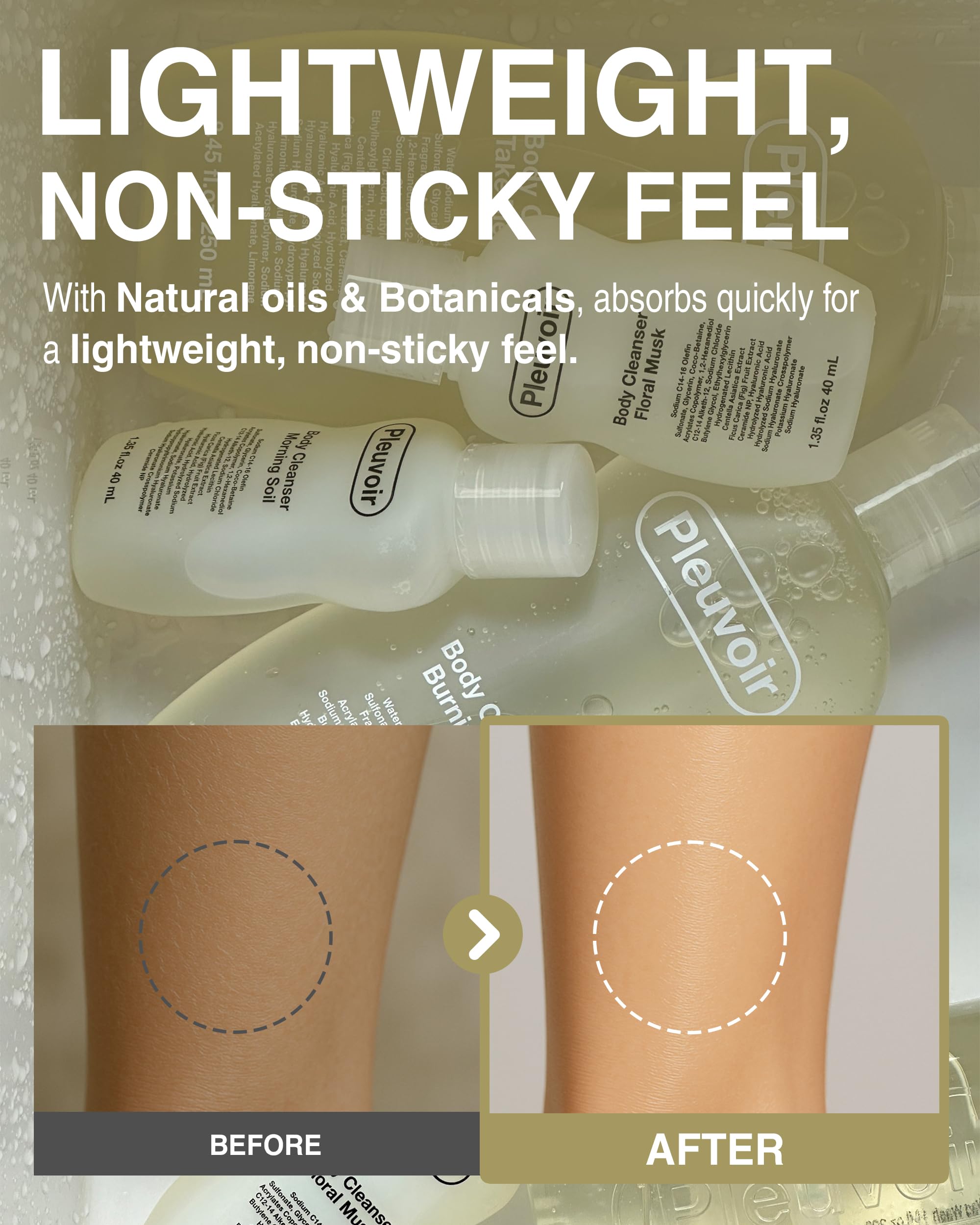 Pleuvoir Hinoki Leather ingredients close-up with hyaluronic acid complex for hydration