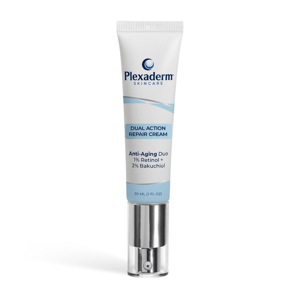 Plexaderm dual-action neck cream tube focusing on wrinkle reduction candidates.