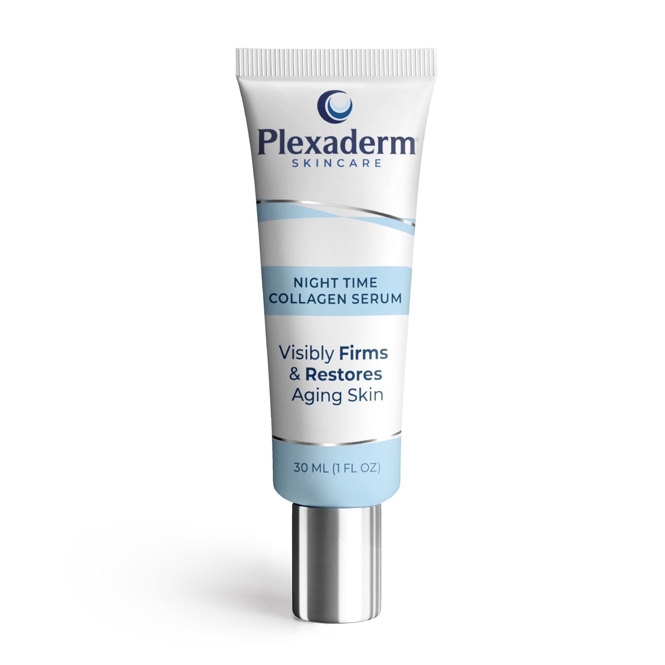 Plexaderm Night Time Collagen Serum bottle highlighting nighttime skincare benefits.
