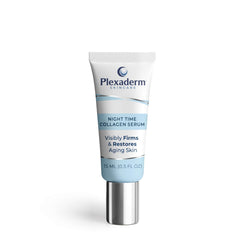 Plexaderm Night Time Collagen Serum bottle on a vanity supports firmer, plumper-looking skin.